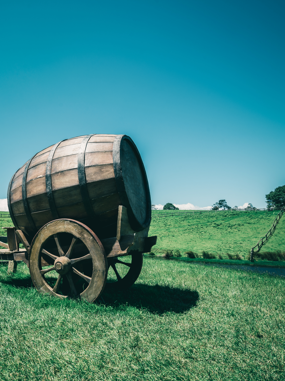 葡萄酒桶的葡萄酒样式图象在推车的反对绿草领域在乡下农业风景背景中有机食品酿酒厂和酒精饮料产品行业