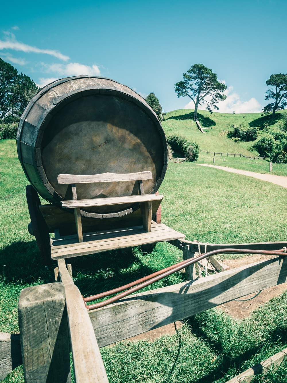 葡萄酒桶的葡萄酒样式图象在推车的反对绿草领域在乡下农业风景背景中有机食品酿酒厂和酒精饮料产品行业